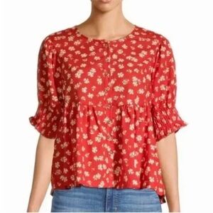 MADEWELL Puff Sleeve Button Front Swiss Dot Floral Top in Happy Hibiscus S